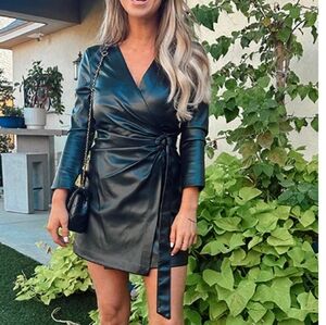 V Neck Waisted Faux Leather Wrap Mini Dress 